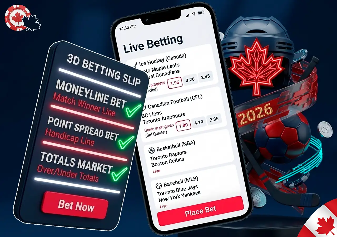 Common bet types at Canadian sportsbooks like moneylines, spreads, and parlays.